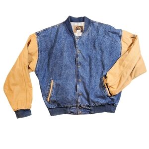 Vintage 90s Blue Denim and Tan Varsity Lettermen Jacket Y2K Baggy Boxy